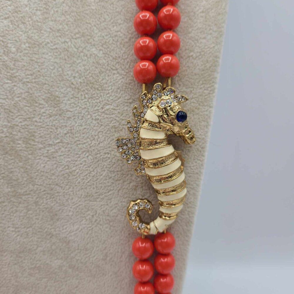 J Crew Reddish Orange Double Strand Beads with Gold Tone Crystal Seahorse - Picture 5 of 8